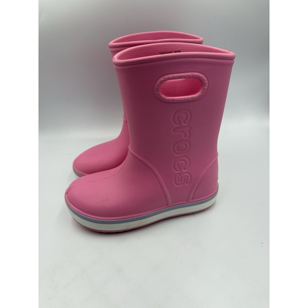 Crocs Crocband Rain Boot Pink Round Toe Kids Waterproof Boots Girls Size J 2 - Picture 3 of 13